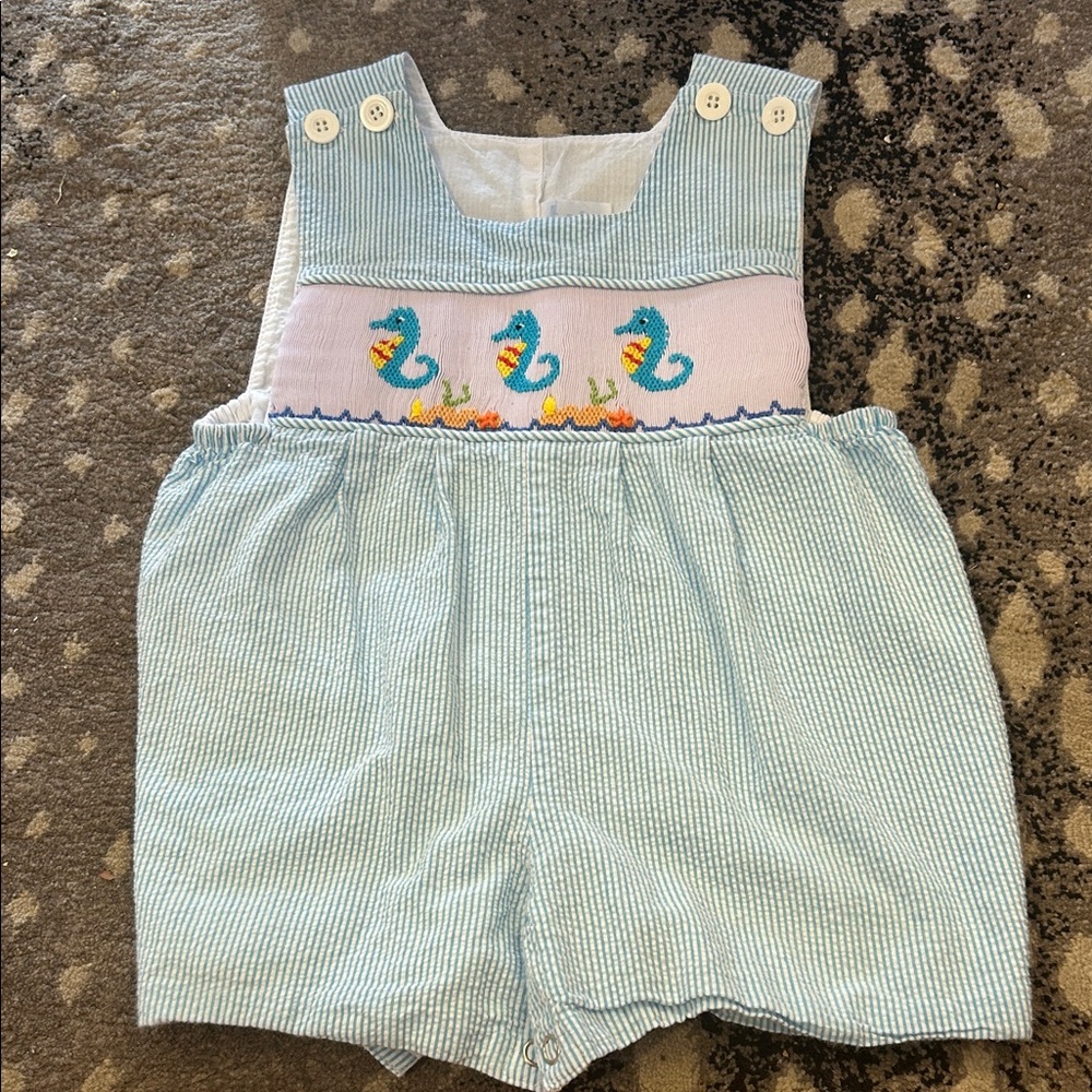 Seersucker Baby JonJon Romper with Seahorse Smocking Design